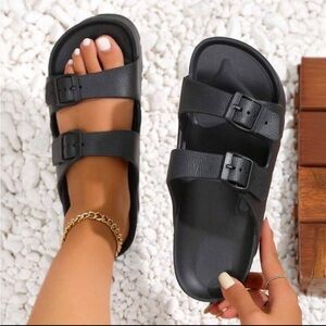 Women’s Black Adjustable Double Buckle Sandals Waterproof,Comfortable Flat Shoes